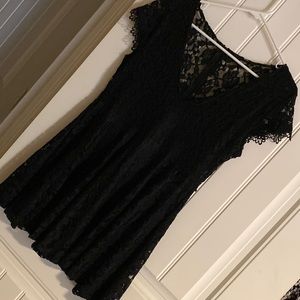 Lace mini dress with capped lace sleeves v neck